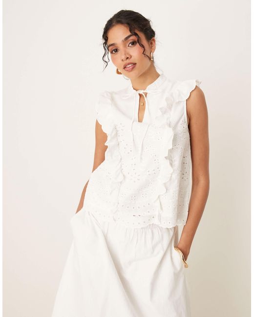 Y.A.S White Broderie Frill Detail Tie Neck Top Co-ord