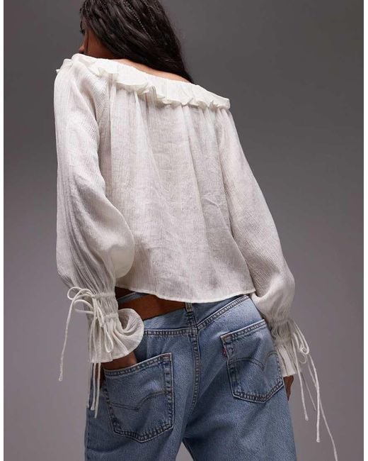 TOPSHOP Gray Ruffle Neck Femme Top
