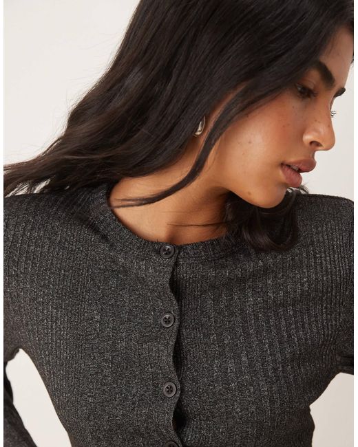 ASOS Gray Rib Detail Long Sleeve Button Through Top
