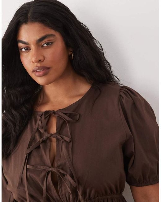 Esmee Curve Brown Tie Front Puff Sleeve Mini Beach Dress