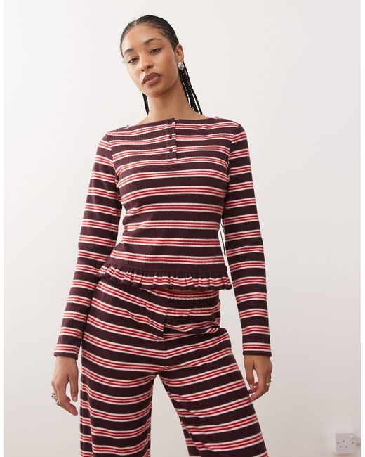 Reclaimed Vintage Red Henley Long Sleeve Top With Frill Hem Co-ord