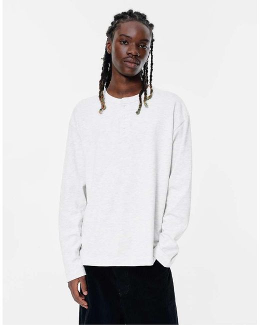 Pull&Bear White Henley T-Shirt With Buttons for men