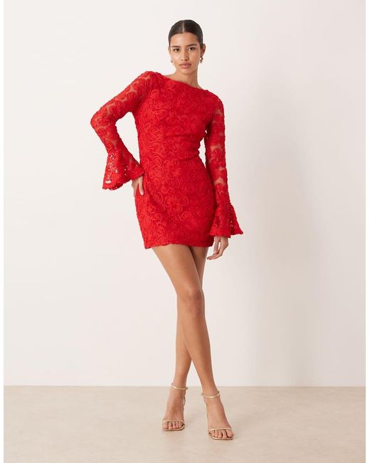Gina Tricot Red Long Sleeve Embroidery Mini Dress With Open Back