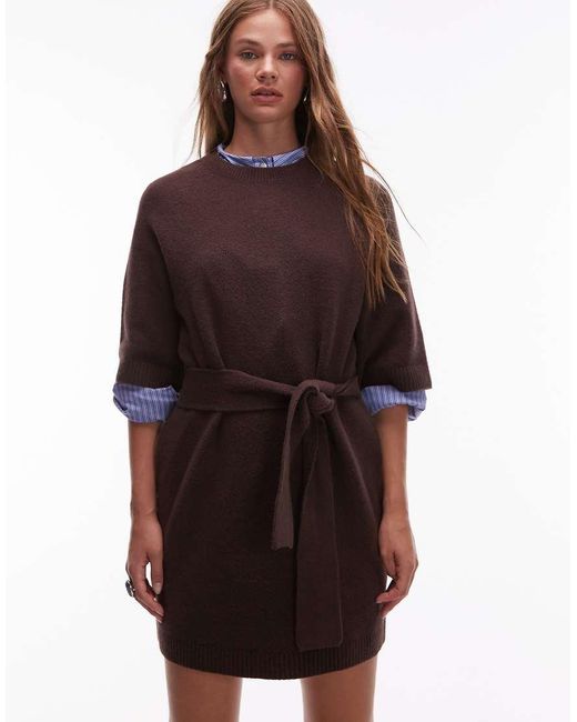 & Other Stories Brown Knitted Belted Mini Dress With Wide Sleeves