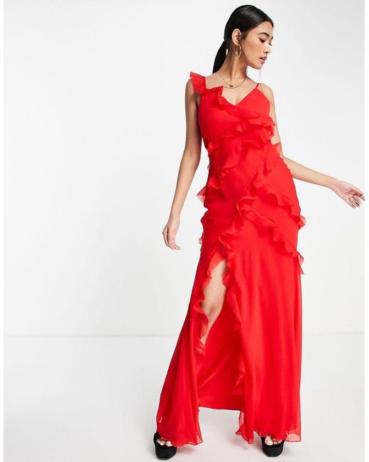 ASOS Red Tie Ruffle Detail Maxi Dress With Tie Back And Button Side