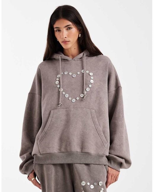 Daisy Street Brown Button Heart Detail Oversized Hoodie