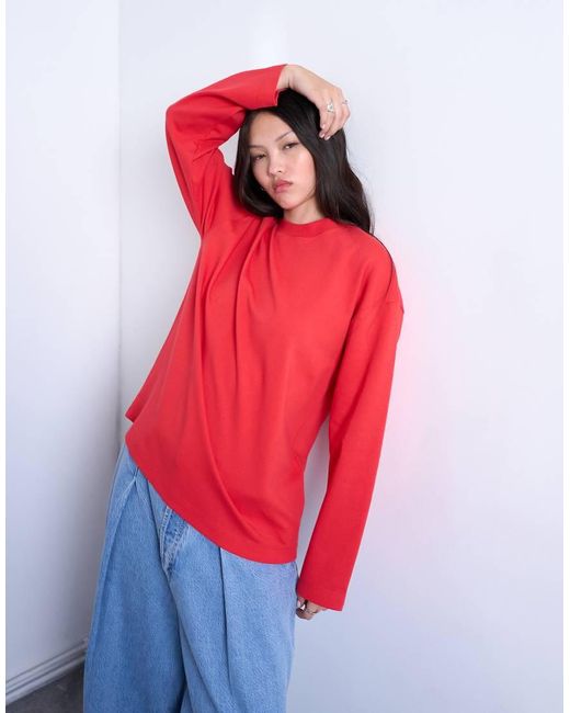 TOPSHOP Red Premium Interlock Long Sleeve Skater Tee