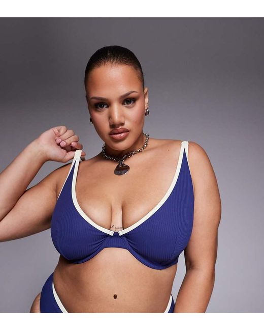 ASOS Blue Asos Design Curve Ronnie Ribbed Contrast Binding Marina Del Rey High Apex Plunge Underwire Bikini Top