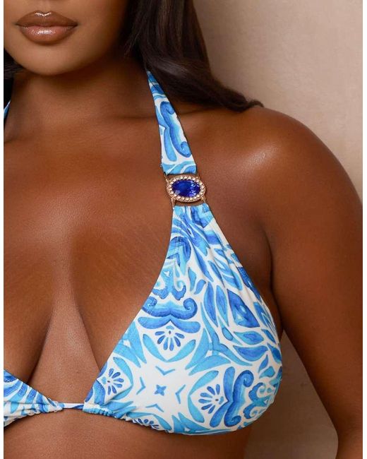 Moda Minx Curve Blue X Alessa Tyrrell-charles Mykonos Print Triangle Bikini Top