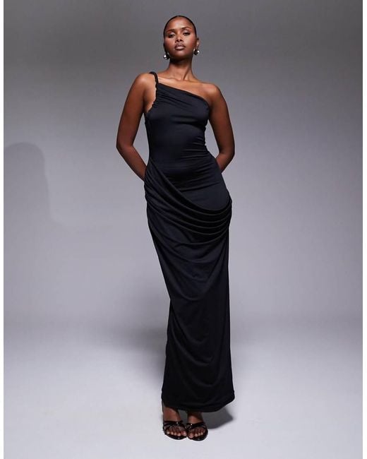 Aria Cove Blue Double Sculpted Slinky Asymmetric Open Back Drape Front Detail Maxi Dress