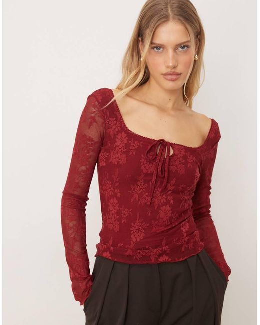 Gina Tricot Red Long Sleeve Tie Front Flower Jacquard Top