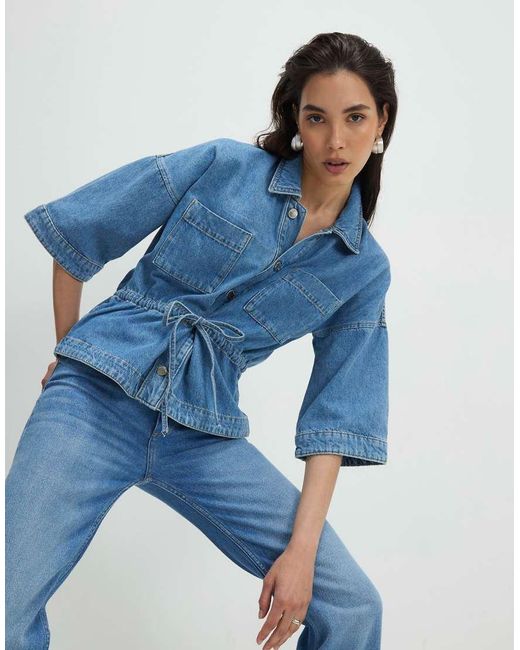 River Island Blue Denim Tie Front Top