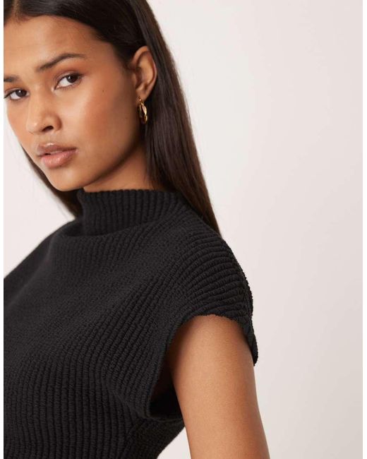 Gina Tricot Black Funnel Neck Short Sleeve Rib Top