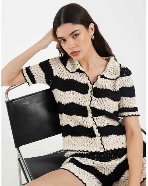 Vero Moda Black Crochet Knit Button Front Polo Top Co-ord