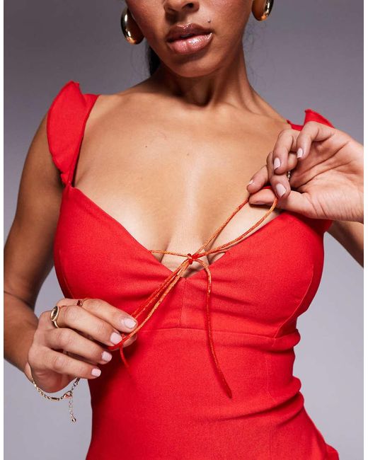 Vesper Red Bengaline Tie Detail Frill Shoulder Thigh Split Midaxi Dress