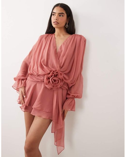 ASOS Red V Neck Skater Dress With Corsage Waist Detail