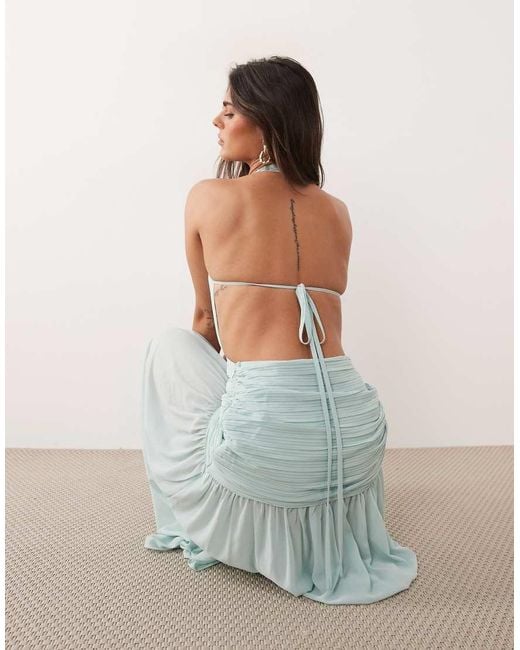 Noughts & Kisses Blue Halterneck Pleated Cinched Waist Sheer Hem Maxi Dress