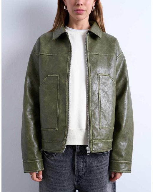 Chaqueta Verde Lavado Con Cremallera Y Bolsillos De Parche De Cuero Sintético De TOPSHOP de color Gray