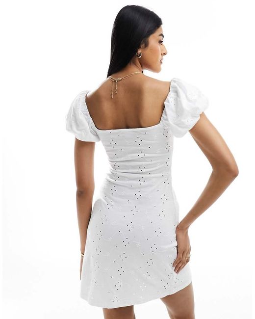 ASOS White Broderie Button Corset Mini Dress With Puff Cap Sleeve