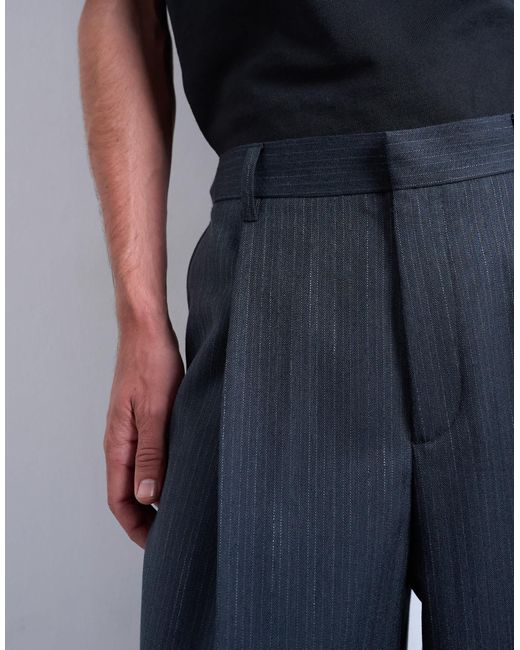 Topman Blue Wide Leg Pleated Stripe Trouser for men