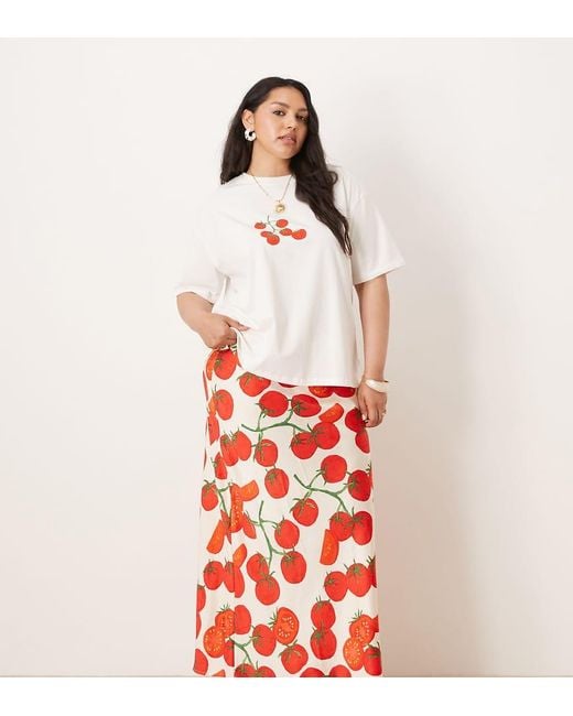 Never Fully Dressed Red Tomato Print Satin Maxi Skirt