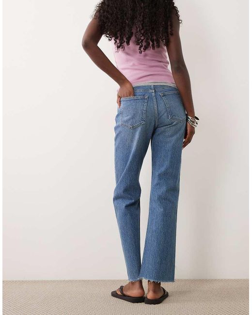Abercrombie & Fitch Blue High Rise Straight Leg Jeans With Raw Hem