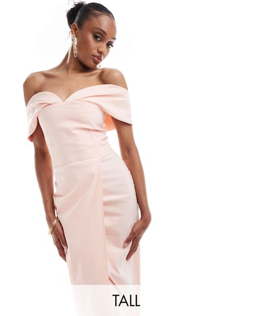 Vesper Pink Tall Bardot Sweetheart Neck Wrap Midaxi Dress