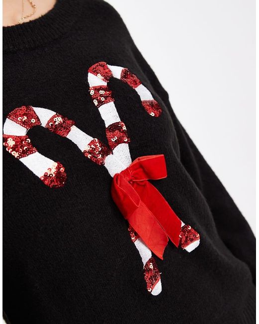 Brave Soul Black Oversized Christmas Sweater With Sequined Candy Cane Detailing