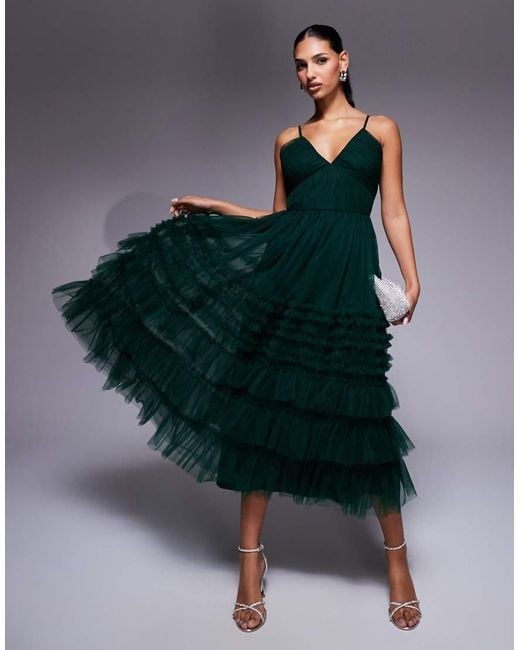 LACE & BEADS Green Tiered Ruffle Midaxi Dress