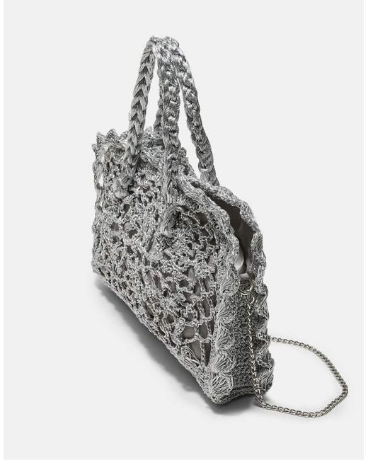 Stradivarius Gray Metallic Yarn Crochet Tote Bag