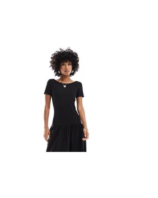 Monki Black Short Sleeve Open Neck Midi Soft Jersey Sun Dress With Pleated Bottom