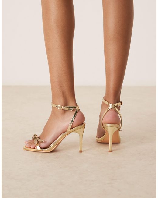 Glamorous Natural Stiletto Heeled Sandals With Embellished Bow