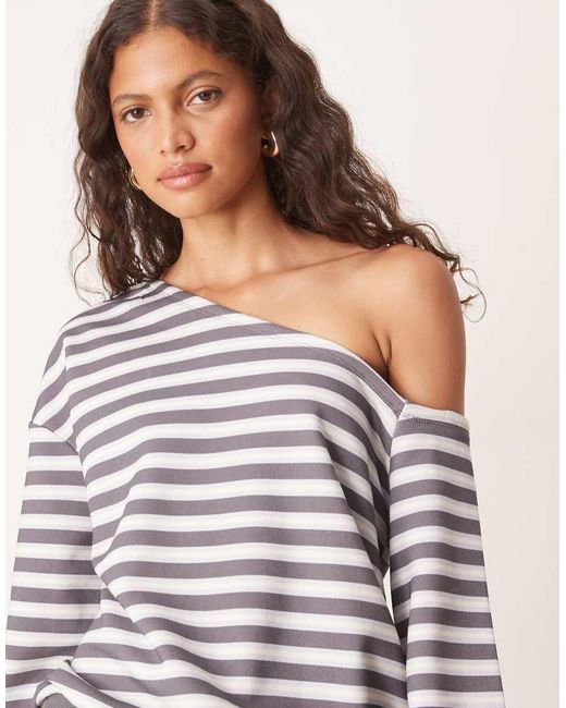 ASOS Gray Stripe Slouchy Off Shoulder Loopback Sweater