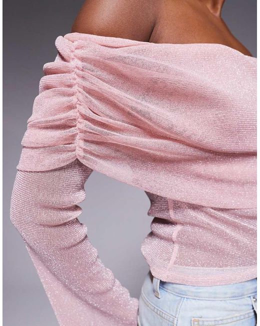 Top Efecto Purpurina Con Escote Bardot Asimétrico Y Mangas Acampanadas De Malla De -Dorado ASOS de color Purple