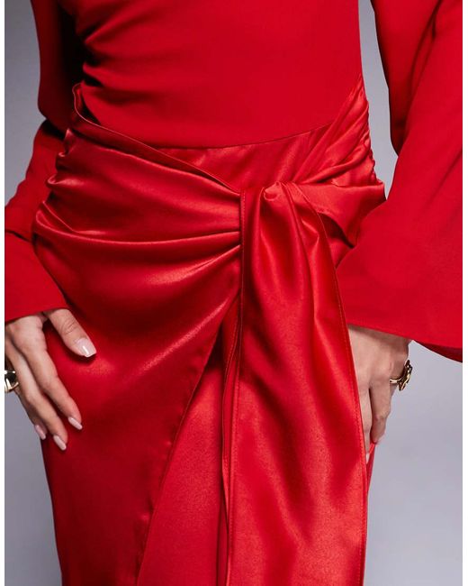 ASOS Red Blouson Sleeve Chiffon Maxi Dress With Satin Wrap Skirt