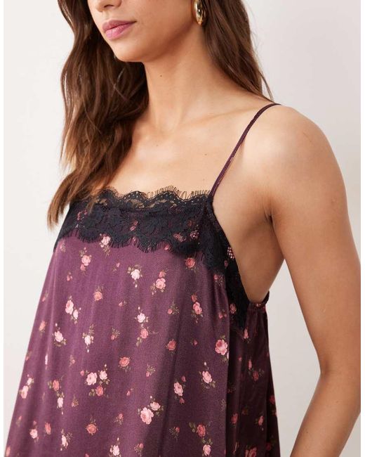 Miss Selfridge Purple Satin And Lace Trim Cami Mini Dress