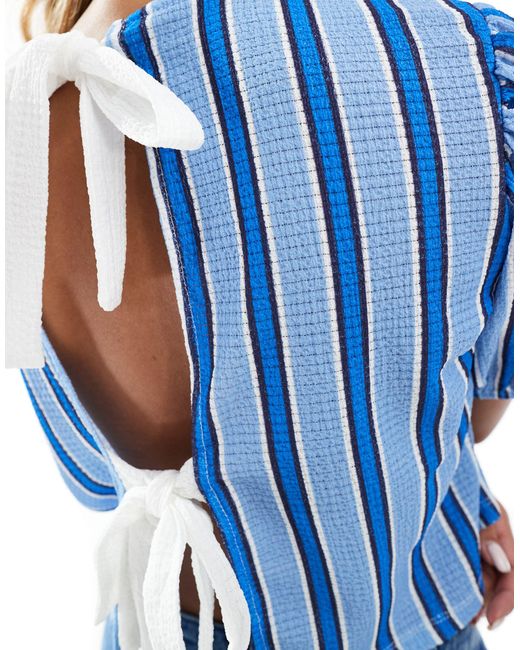 T-shirt noué dans le dos à manches bouffantes - bleu rayé ASOS en coloris Blue