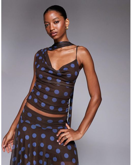 Kaiia Gray Exclusive Double Layered Slinky Mesh One Shoulder Scarf Detail Cowl Neck Top Co-Ord