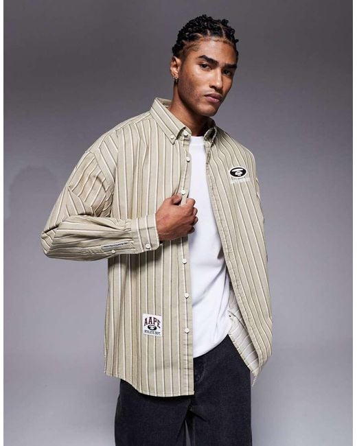 Aape By A Bathing Ape Gray Aape By A Bathing Ape Oversized Long Sleeve Striped Shirt for men