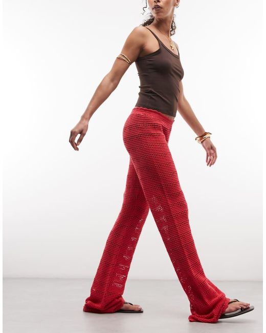Monki Red Crochet Style Wide Leg Pants