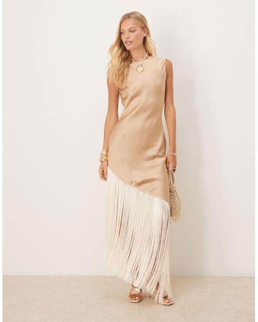 Mango Premium Racer Maxi Dress With Fringing in Natural | Lyst