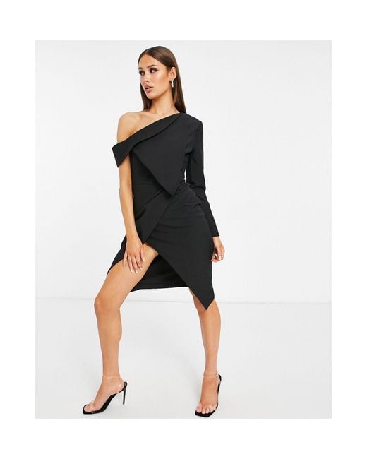 Lavish Alice Black One Shoulder Bardot Neck Asymmetric Midi Blazer Dress