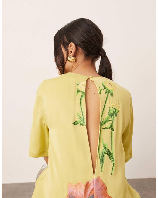 ARRANGE Green Satin Floral Embroidered T-shirt Maxi Dress