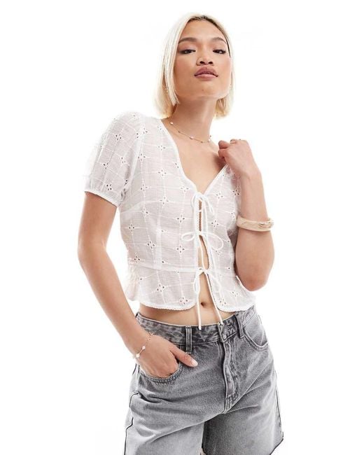 Stradivarius White Cropped Tie Front Puff Sleeve Blouse