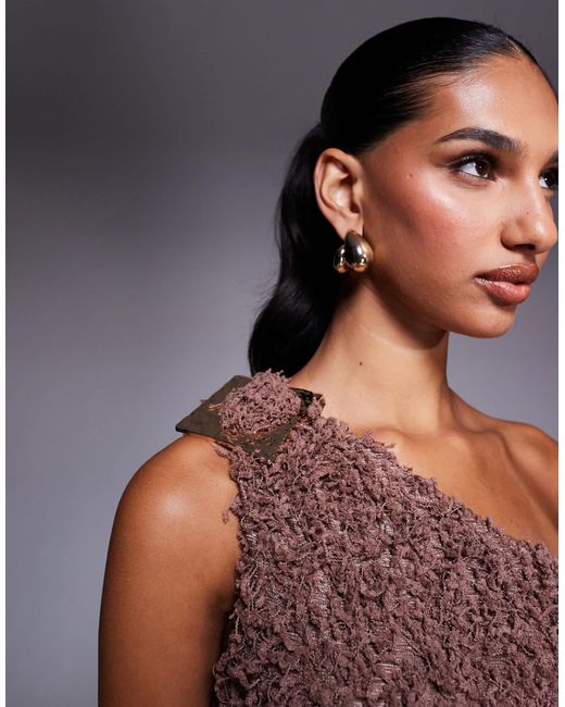 ASOS Purple One Shoulder Knotted And Trim Detail With Cut Out Fluffy Maxi Dress
