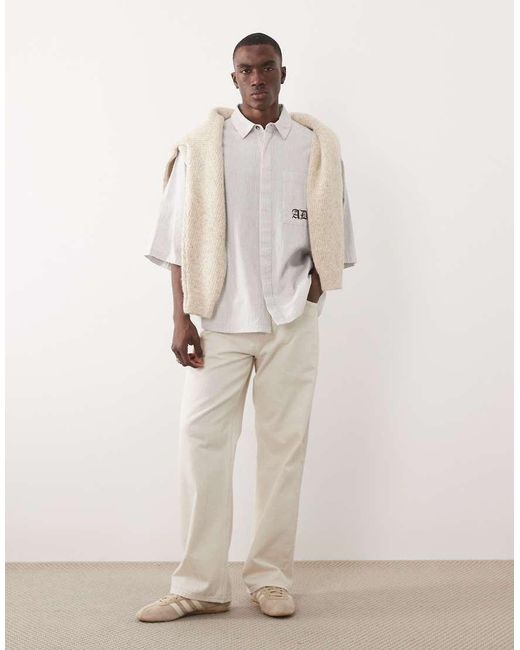 ASOS Natural Oversized Stripe Shirt With Pocket Embroidery for men