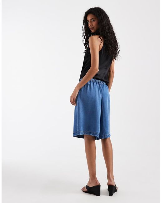 Object Blue Drapey Chambray Tie Waist Longline Shorts
