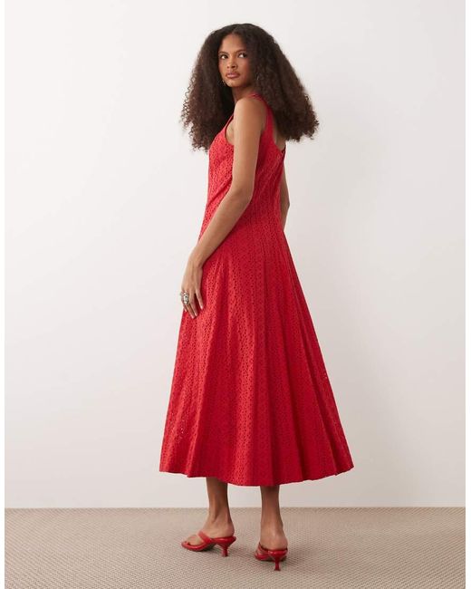 Mango Red 100% Cotton Square Neck Sleeveless Embroide Midi Dress