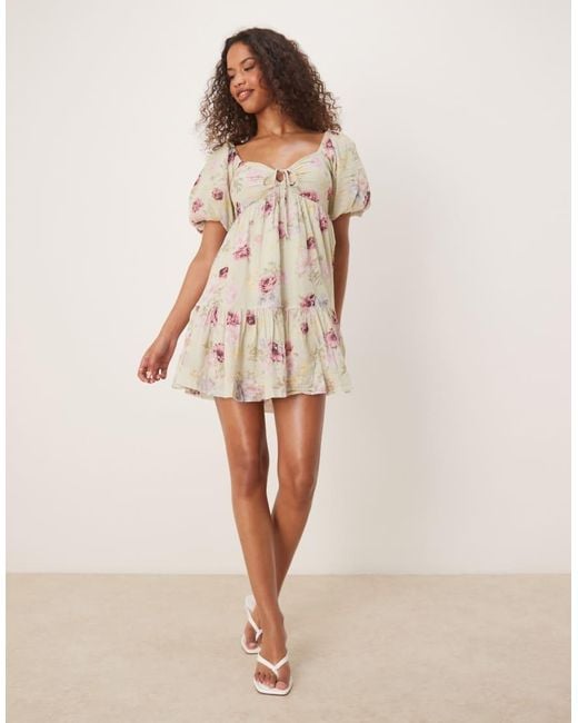 Gina Tricot Natural Puff Sleeve Tie Front Mini Dress