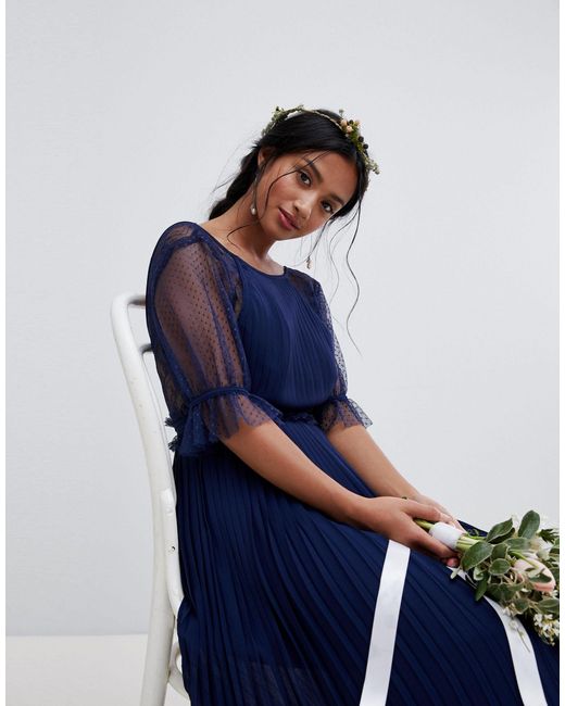 tfnc pleated maxi bridesmaid dress with spot mesh frill detail
